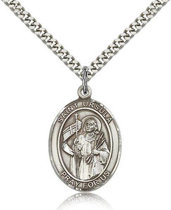Sterling Silver St. Ursula Pendant, Stainless Silver Heavy Curb Chain, Large Size Catholic Medal, 1" x 3/4" Sterling Silver St. Ursula Pendant, Stainless Silver Heavy Curb Chain, Large Size Catholic Medal, 1" x 3/4"