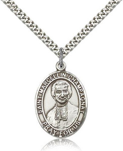 Sterling Silver St. Marcellin Champagnat Pendant, Stainless Silver Heavy Curb Chain, Large Size Catholic Medal, 1" x 3/4" Sterling Silver St. Marcellin Champagnat Pendant, Stainless Silver Heavy Curb Chain, Large Size Catholic Medal, 1" x 3/4"
