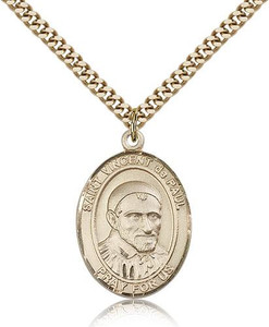 Gold Filled St. Vincent de Paul Pendant, Stainless Gold Heavy Curb Chain, Large Size Catholic Medal, 1" x 3/4" Gold Filled St. Vincent de Paul Pendant, Stainless Gold Heavy Curb Chain, Large Size Catholic Medal, 1" x 3/4"