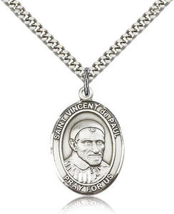 Sterling Silver St. Vincent de Paul Pendant, Stainless Silver Heavy Curb Chain, Large Size Catholic Medal, 1" x 3/4"