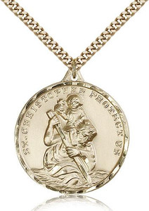 Gold Filled St. Christopher Pendant, Stainless Gold Heavy Curb Chain, 1 3/8" x 1 1/8" Gold Filled St. Christopher Pendant, Stainless Gold Heavy Curb Chain, 1 3/8" x 1 1/8"