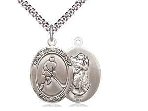 Sterling Silver St. Christopher Ice Hockey Pendant, Stainless Silver Heavy Curb Chain, Large Size Catholic Medal, 1" x 3/4"
