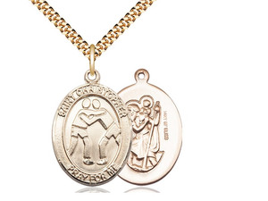 Gold Filled St. Christopher/Wrestling Pendant, SG Heavy Curb Chain, Large Size Catholic Medal, 1" x 3/4" Gold Filled St. Christopher/Wrestling Pendant, SG Heavy Curb Chain, Large Size Catholic Medal, 1" x 3/4"