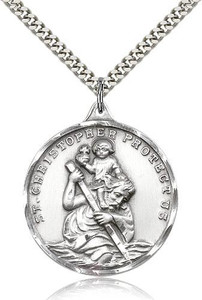 Sterling Silver St. Christopher Pendant, Stainless Silver Heavy Curb Chain, 1 3/8" x 1 1/8" Sterling Silver St. Christopher Pendant, Stainless Silver Heavy Curb Chain, 1 3/8" x 1 1/8"
