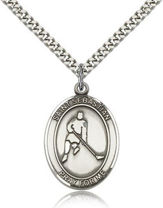 Sterling Silver St. Sebastian/Ice Hockey Pendant, SN Heavy Curb Chain, Large Size Catholic Medal, 1" x 3/4" Sterling Silver St. Sebastian/Ice Hockey Pendant, SN Heavy Curb Chain, Large Size Catholic Medal, 1" x 3/4"