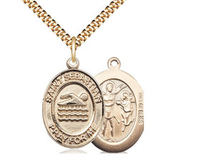 Gold Filled St. Sebastian Pendant, Gold Heavy Curb Chain, Large Size Catholic Medal, 1" x 3/4" Gold Filled St. Sebastian Pendant, Gold Heavy Curb Chain, Large Size Catholic Medal, 1" x 3/4"