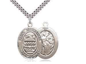 Sterling Silver St. Sebastian Swimming Pendant, Heavy Curb Chain, Large Size Catholic Medal, 1" x 3/4" Sterling Silver St. Sebastian Swimming Pendant, Heavy Curb Chain, Large Size Catholic Medal, 1" x 3/4"