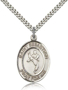Sterling Silver St. Sebastian Martial Arts Pendant, Stainless Silver Heavy Curb Chain, Large Size Catholic Medal, 1" x 3/4" Sterling Silver St. Sebastian Martial Arts Pendant, Stainless Silver Heavy Curb Chain, Large Size Catholic Medal, 1" x 3/4"