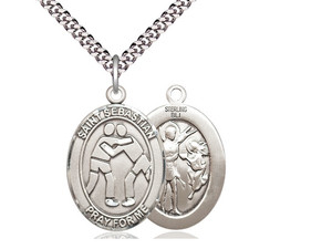 Sterling Silver St. Sebastian Wrestling Pendant, rhodium Heavy Curb Chain, Large Size Catholic Medal, 1" x 3/4" Sterling Silver St. Sebastian Wrestling Pendant, rhodium Heavy Curb Chain, Large Size Catholic Medal, 1" x 3/4"