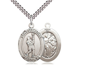 Sterling Silver St. Sebastian Lacrosse Pendant, rhodium Heavy Curb Chain, Large Size Catholic Medal, 1" x 3/4" Sterling Silver St. Sebastian Lacrosse Pendant, rhodium Heavy Curb Chain, Large Size Catholic Medal, 1" x 3/4"