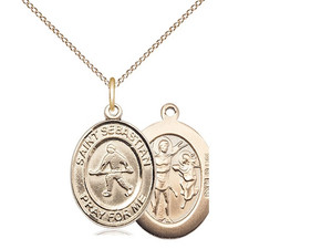 Gold Filled St. Sebastian/Field Hockey Pendant, SG Heavy Curb Chain, Large Size Catholic Medal, 1" x 3/4" Gold Filled St. Sebastian/Field Hockey Pendant, SG Heavy Curb Chain, Large Size Catholic Medal, 1" x 3/4"