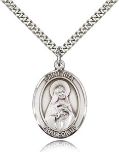 Sterling Silver St. Rita of Cascia Pendant, Stainless Silver Heavy Curb Chain, Large Size Catholic Medal, 1" x 3/4" Sterling Silver St. Rita of Cascia Pendant, Stainless Silver Heavy Curb Chain, Large Size Catholic Medal, 1" x 3/4"