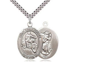 Sterling Silver St. Christopher Pendant, rhodium Heavy Curb Chain, Large Size Catholic Medal, 1" x 3/4" Sterling Silver St. Christopher Pendant, rhodium Heavy Curb Chain, Large Size Catholic Medal, 1" x 3/4"