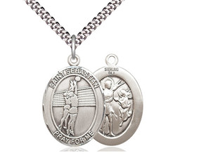 Sterling Silver St. Sebastian / Volleyball Pendant, Heavy Curb Chain, Large Size Catholic Medal, 1" x 3/4" Sterling Silver St. Sebastian / Volleyball Pendant, Heavy Curb Chain, Large Size Catholic Medal, 1" x 3/4"