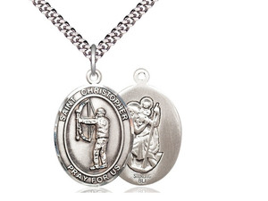 Sterling Silver St. Christopher Archery Pendant, rhodium Heavy Curb Chain, Large Size Catholic Medal, 1" x 3/4" Sterling Silver St. Christopher Archery Pendant, rhodium Heavy Curb Chain, Large Size Catholic Medal, 1" x 3/4"