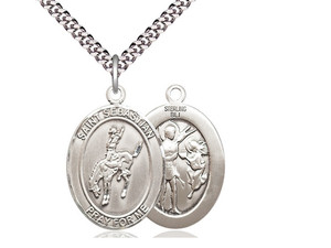 Sterling Silver St. Sebastian / Rodeo Pendant, Heavy Curb Chain, Large Size Catholic Medal, 1" x 3/4" Sterling Silver St. Sebastian / Rodeo Pendant, Heavy Curb Chain, Large Size Catholic Medal, 1" x 3/4"