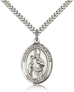 Sterling Silver St. Augustine of Hippo Pendant, Stainless Silver Heavy Curb Chain, Large Size Catholic Medal, 1" x 3/4" Sterling Silver St. Augustine of Hippo Pendant, Stainless Silver Heavy Curb Chain, Large Size Catholic Medal, 1" x 3/4"