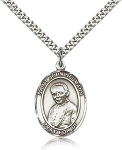 Sterling Silver St. John Neumann Pendant, Stainless Silver Heavy Curb Chain, Large Size Catholic Medal, 1" x 3/4" Sterling Silver St. John Neumann Pendant, Stainless Silver Heavy Curb Chain, Large Size Catholic Medal, 1" x 3/4"