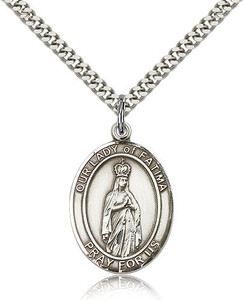 Sterling Silver Our Lady of Fatima Pendant, Stainless Silver Heavy Curb Chain, Large Size Catholic Medal, 1" x 3/4" Sterling Silver Our Lady of Fatima Pendant, Stainless Silver Heavy Curb Chain, Large Size Catholic Medal, 1" x 3/4"