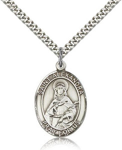 Sterling Silver St. Alexandra Pendant, Stainless Silver Heavy Curb Chain, Large Size Catholic Medal, 1" x 3/4"
