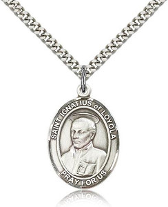 Sterling Silver St. Ignatius of Loyola Pendant, Stainless Silver Heavy Curb Chain, Large Size Catholic Medal, 1" x 3/4" Sterling Silver St. Ignatius of Loyola Pendant, Stainless Silver Heavy Curb Chain, Large Size Catholic Medal, 1" x 3/4"
