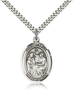 Sterling Silver Holy Family Pendant, Stainless Silver Heavy Curb Chain, Large Size Catholic Medal, 1" x 3/4" Sterling Silver Holy Family Pendant, Stainless Silver Heavy Curb Chain, Large Size Catholic Medal, 1" x 3/4"