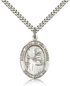 Sterling Silver St. John of the Cross Pendant, Stainless Silver Heavy Curb Chain, Large Size Catholic Medal, 1" x 3/4" Sterling Silver St. John of the Cross Pendant, Stainless Silver Heavy Curb Chain, Large Size Catholic Medal, 1" x 3/4"
