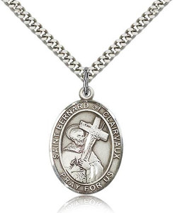 Sterling Silver St. Bernard of Clairvaux Pendant, Stainless Silver Heavy Curb Chain, Large Size Catholic Medal, 1" x 3/4" Sterling Silver St. Bernard of Clairvaux Pendant, Stainless Silver Heavy Curb Chain, Large Size Catholic Medal, 1" x 3/4"