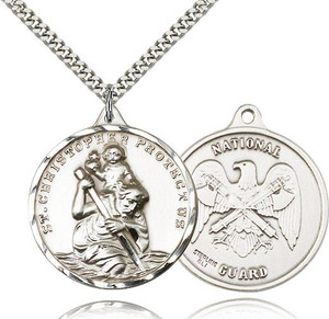 Sterling Silver St. Christopher National Guard Pendant, Silver Heavy Curb Chain, 1 3/8" x 1 1/4"