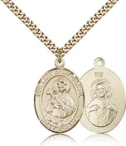 Gold Filled Our Lady of Mount Carmel Pendant, Stainless Gold Heavy Curb Chain, Large Size Catholic Medal, 1" x 3/4" Gold Filled Our Lady of Mount Carmel Pendant, Stainless Gold Heavy Curb Chain, Large Size Catholic Medal, 1" x 3/4"