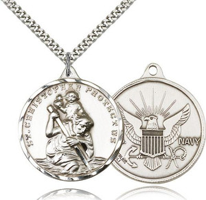 Sterling Silver St. Christopher Navy Pendant, Silver Heavy Curb Chain, 1 3/8" x 1 1/4" Sterling Silver St. Christopher Navy Pendant, Silver Heavy Curb Chain, 1 3/8" x 1 1/4"
