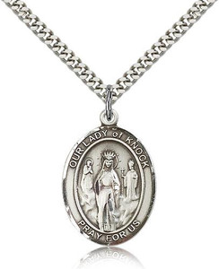 Sterling Silver Our Lady of Knock Pendant, Stainless Silver Heavy Curb Chain, Large Size Catholic Medal, 1" x 3/4"