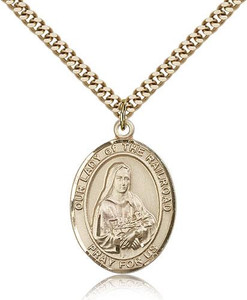 Gold Filled Our Lady of the Railroad Pendant, Stainless Gold Heavy Curb Chain, Large Size Catholic Medal, 1" x 3/4" Gold Filled Our Lady of the Railroad Pendant, Stainless Gold Heavy Curb Chain, Large Size Catholic Medal, 1" x 3/4"