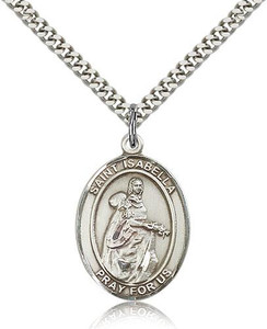 Sterling Silver St. Isabella of Portugal Pendant, Stainless Silver Heavy Curb Chain, Large Size Catholic Medal, 1" x 3/4"