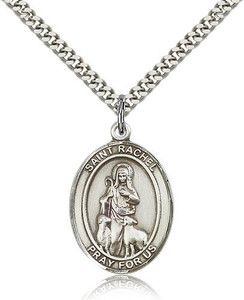 Sterling Silver St. Rachel Pendant, Stainless Silver Heavy Curb Chain, Large Size Catholic Medal, 1" x 3/4"