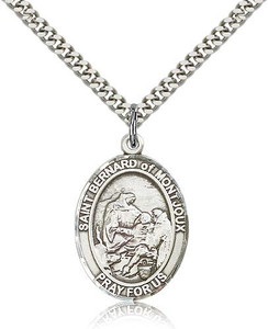 Sterling Silver St. Bernard of Montjoux Pendant, Stainless Silver Heavy Curb Chain, Large Size Catholic Medal, 1" x 3/4" Sterling Silver St. Bernard of Montjoux Pendant, Stainless Silver Heavy Curb Chain, Large Size Catholic Medal, 1" x 3/4"