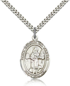 Sterling Silver St. Isidore the Farmer Pendant, Stainless Silver Heavy Curb Chain, Large Size Catholic Medal, 1" x 3/4" Sterling Silver St. Isidore the Farmer Pendant, Stainless Silver Heavy Curb Chain, Large Size Catholic Medal, 1" x 3/4"