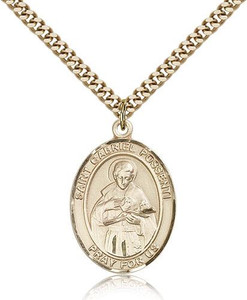 Gold Filled St. Gabriel Possenti Pendant, Stainless Gold Heavy Curb Chain, Large Size Catholic Medal, 1" x 3/4"