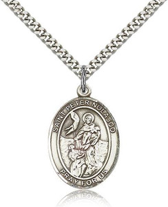 Sterling Silver St. Peter Nolasco Pendant, Stainless Silver Heavy Curb Chain, Large Size Catholic Medal, 1" x 3/4" Sterling Silver St. Peter Nolasco Pendant, Stainless Silver Heavy Curb Chain, Large Size Catholic Medal, 1" x 3/4"