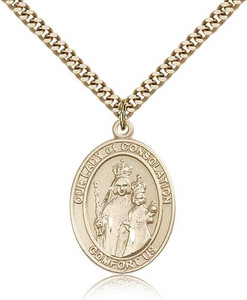 Gold Filled Our Lady of Consolation Pendant, Stainless Gold Heavy Curb Chain, Large Size Catholic Medal, 1" x 3/4"