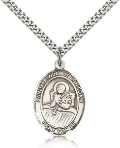 Sterling Silver St. Lidwina of Schiedam Pendant, Stainless Silver Heavy Curb Chain, Large Size Catholic Medal, 1" x 3/4" Sterling Silver St. Lidwina of Schiedam Pendant, Stainless Silver Heavy Curb Chain, Large Size Catholic Medal, 1" x 3/4"