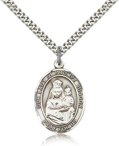 Sterling Silver Our Lady of Prompt Succor Pendant, Stainless Silver Heavy Curb Chain, Large Size Catholic Medal, 1" x 3/4"