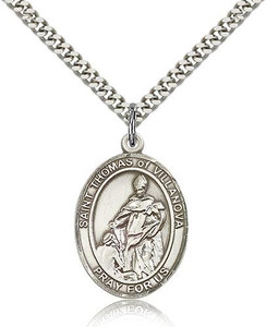 Sterling Silver St. Thomas of Villanova Pendant, Stainless Silver Heavy Curb Chain, Large Size Catholic Medal, 1" x 3/4"