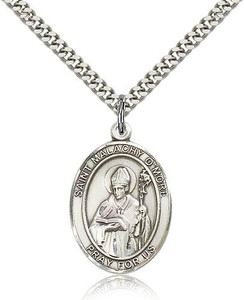 Sterling Silver St. Malachy O'More Pendant, Stainless Silver Heavy Curb Chain, Large Size Catholic Medal, 1" x 3/4"