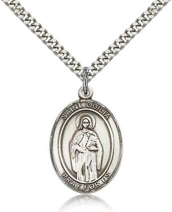 Sterling Silver St. Odilia Pendant, Stainless Silver Heavy Curb Chain, Large Size Catholic Medal, 1" x 3/4"