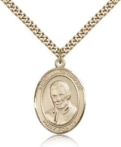 Gold Filled St. Luigi Orione Pendant, Stainless Gold Heavy Curb Chain, Large Size Catholic Medal, 1" x 3/4"