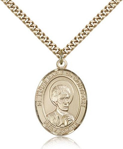 Gold Filled St. Louis Marie de Montfort Pendant, Stainless Gold Heavy Curb Chain, Large Size Catholic Medal, 1" x 3/4" Gold Filled St. Louis Marie de Montfort Pendant, Stainless Gold Heavy Curb Chain, Large Size Catholic Medal, 1" x 3/4"