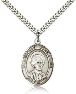 Sterling Silver St. Louis Marie de Montfort Pendan, Stainless Silver Heavy Curb Chain, Large Size Catholic Medal, 1" x 3/4"