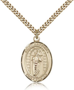 Gold Filled St. Matthias the Apostle Pendant, Stainless Gold Heavy Curb Chain, Large Size Catholic Medal, 1" x 3/4" Gold Filled St. Matthias the Apostle Pendant, Stainless Gold Heavy Curb Chain, Large Size Catholic Medal, 1" x 3/4"