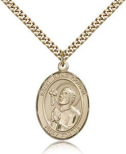 Gold Filled St. Rene Goupil Pendant, Stainless Gold Heavy Curb Chain, Large Size Catholic Medal, 1" x 3/4"